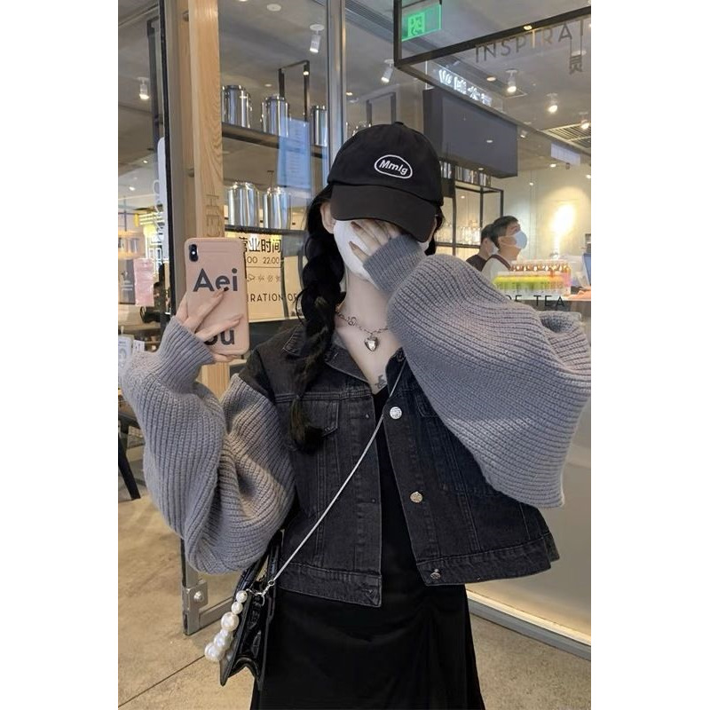 设计感针织拼接长袖牛仔外套女秋冬2024新款polo领甜酷短款上衣潮