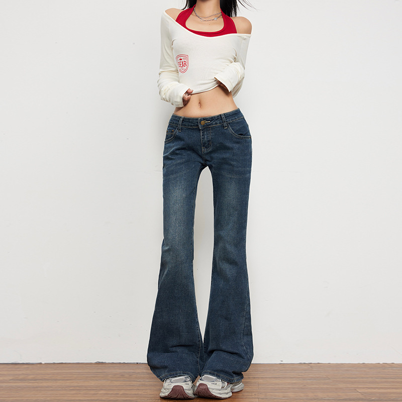 美式低腰弹力微喇牛仔裤女2025秋季新款修身显瘦显瘦辣妹喇叭裤子|undefined