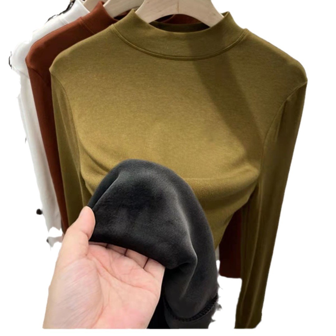 Koszula damska z grubym polarem, małym stójkowym kołnierzykiem, przyjemna dla skóry, wygodna i dopasowana, z długim rękawem_voghion.com