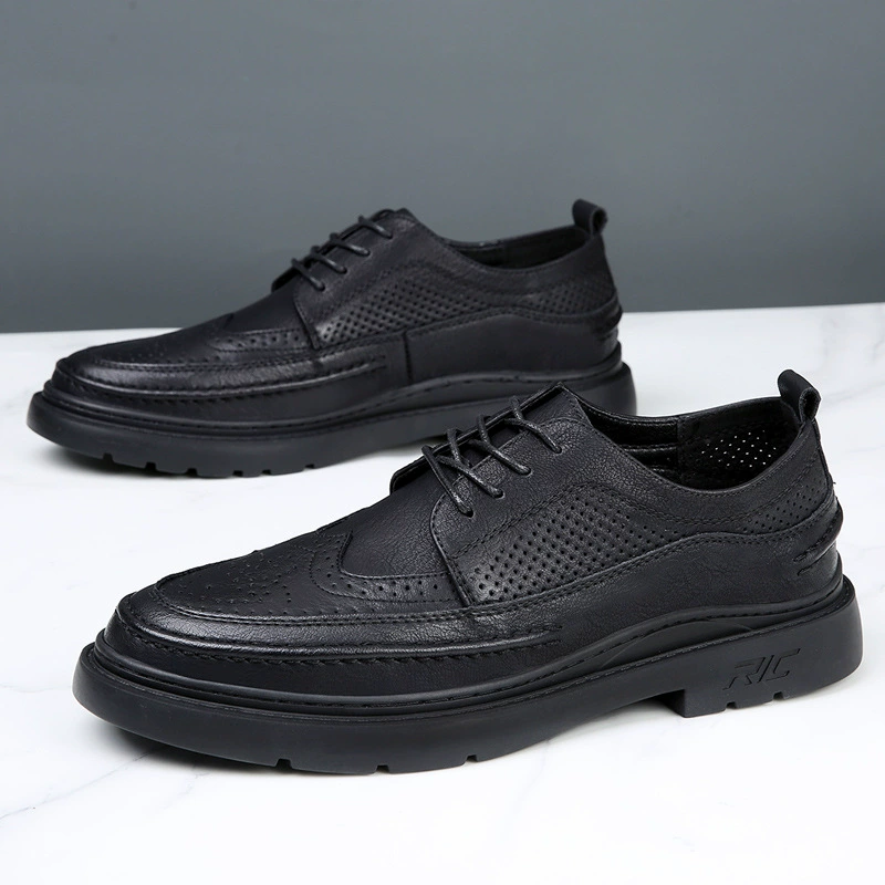 Брок мужская обувь весенняя дышащая черная резная полая маленькая кожаная обувь корейская версия увеличенная бизнес мужская повседневная кожаная обувь