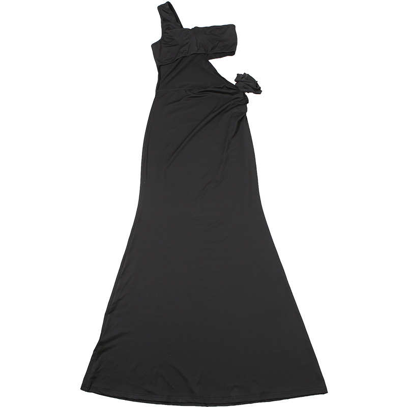 Spring Women Clothing Sexy Oblique Shoulder Hollow Out Cutout Slim Slimming Floral Decoration Solid Color Dress Women