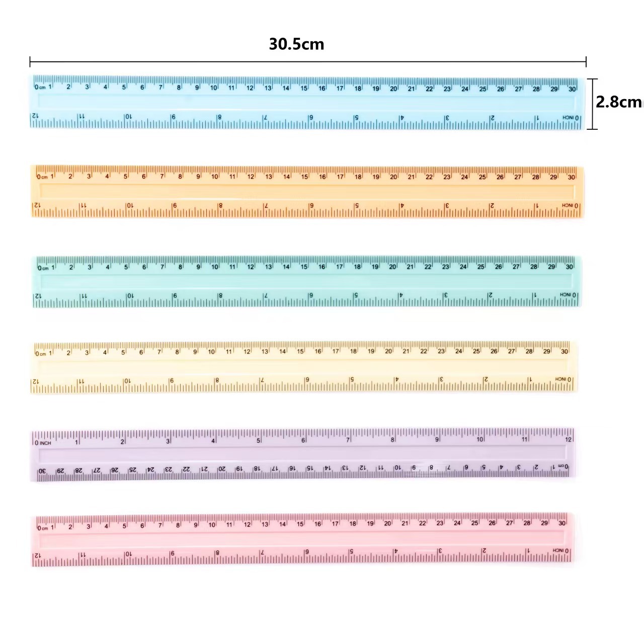 跨境 马卡色30CM凹尺彩色透明塑料直尺学生儿童绘画测量尺