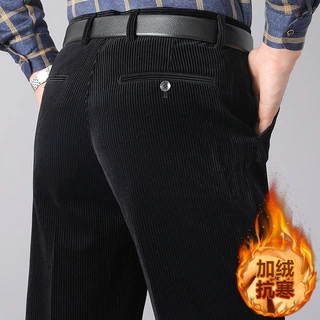 珀基袋鼠冬季加绒加厚中年男式条绒裤休闲裤中老年灯芯绒高腰裤子