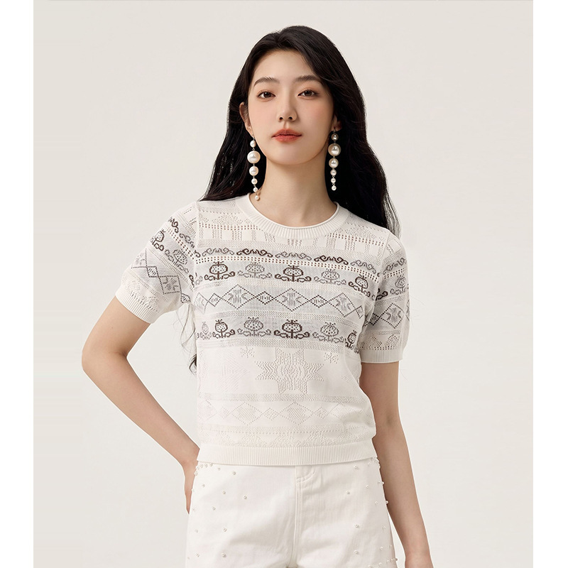 【Yazhiding】Vintage Artistic Knitted Short-Sleeve T-Shirt for Women, Summer 2026, Unique Fashionable Youthful Top