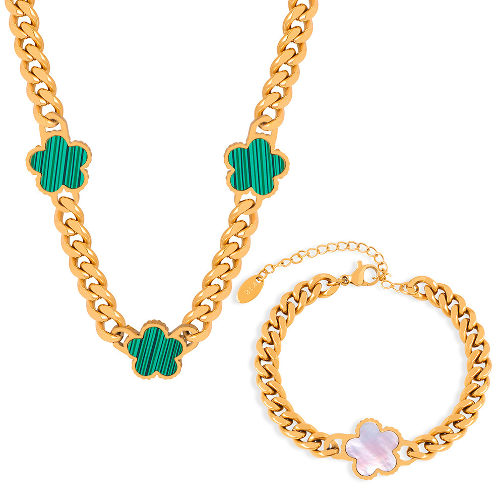 Flor de cinco hojas de la Reina Madre con incrustaciones de collar de diseño de acero de titanio chapado en oro de 18 quilates todo partido pulsera de cadena gruesa traje de joyería