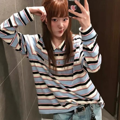 韩国aeae长袖T恤条纹翻领polo宽松休闲百搭学院风T恤男女情侣春秋