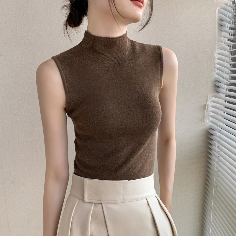 High Collar Knitted Vest Women's 2024 Autumn and Winter New Slim-fit Piled Collar Waistcoat Sleeveless Base Shirt