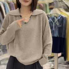 灰色亮片v领翻领毛衣深秋初冬穿搭慵懒高级感超好看宽松针织衫女