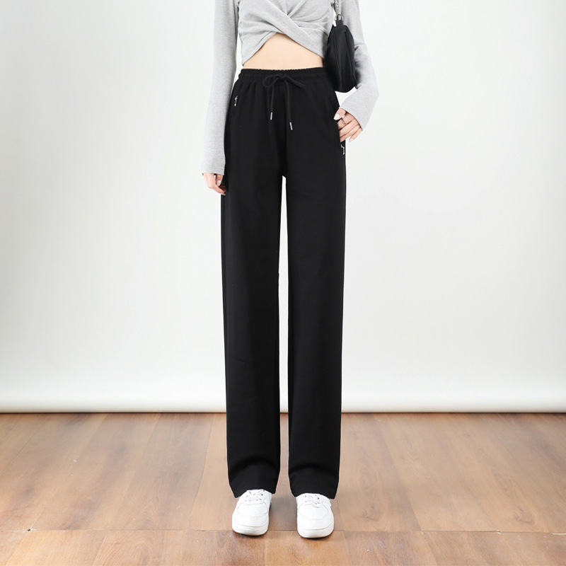 Zipper Pocket Sports Pants Women's Spring and Autumn Loose Slimming New Fashion Drawstring Casual Wide Leg Straight Long Pants Zipper Pocket Sports Pants Women's Spring and Autumn Loose Slimming New Fashion Drawstring Casual Wide Leg Straight Long Pants