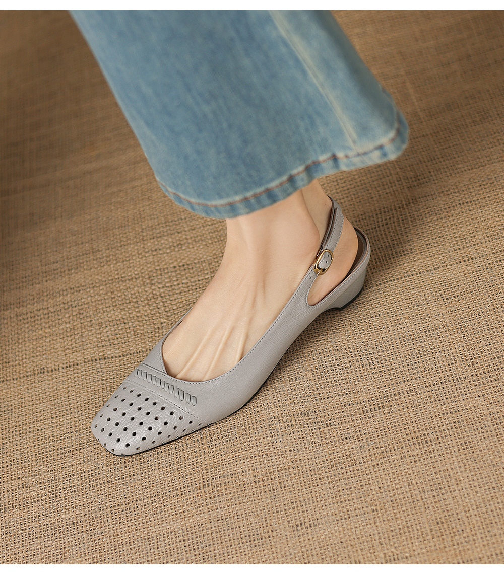 Sandal nữ gót thấp 3.5 cm mũi kín quai ngang khóa một chữ — Sương mù xanh chi tiết 7