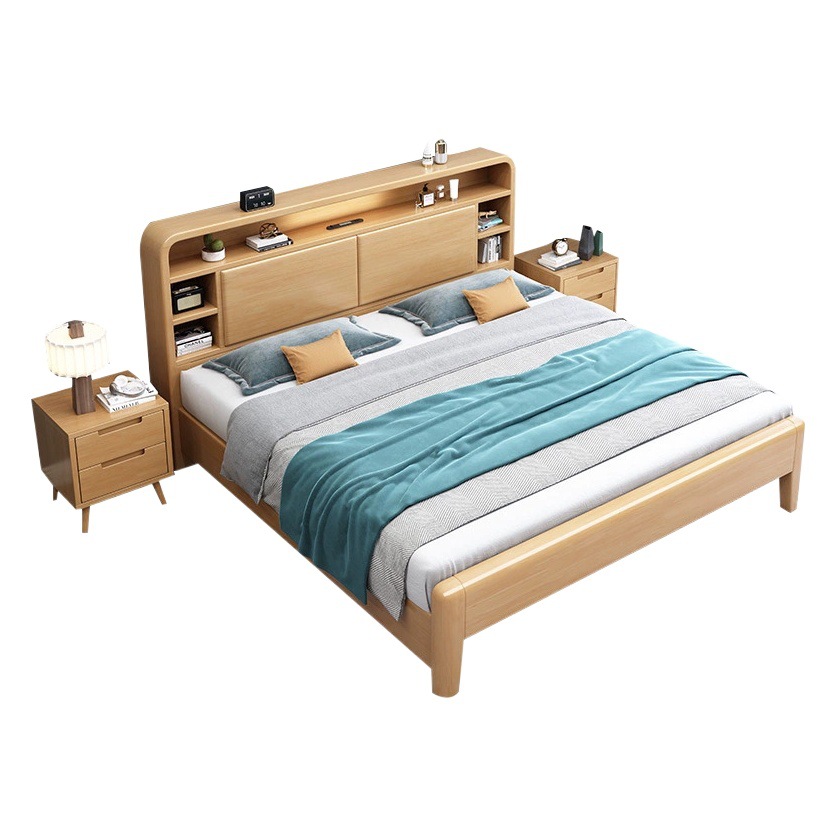 Cama de madera maciza nórdica 1,8 cama suave con luz de noche cama doble 1,5 m moderno simple pequeño apartamento dormitorio cama de almacenamiento