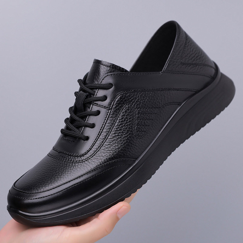 Giày lười nam da bò thật mũi tròn đế mềm chống trượt, kiểu slip-on nhẹ chân — D7913 Đen