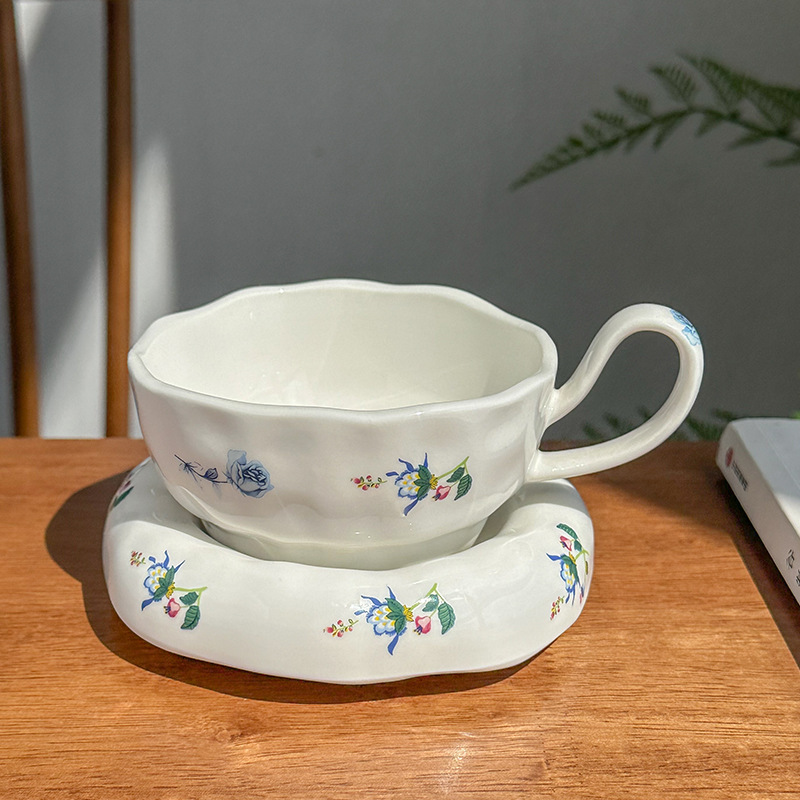 跨境热卖ins风 陶瓷高脚花朵咖啡杯碟小众下午茶碎花拿铁杯高颜值|undefined