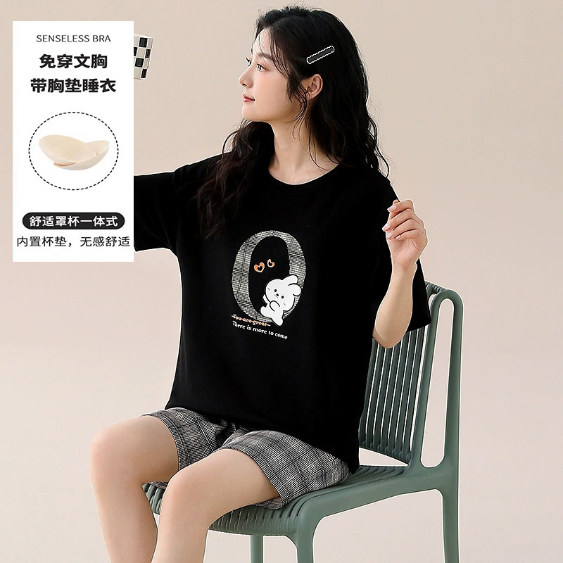 睡衣女夏季短袖套甜美带胸垫韩版卡通学生休闲宽松大码宿舍家居服|undefined