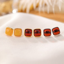 壹鹿银S925纯银镀金蜜蜡血珀复古简约几何方形耳钉气质菱形银耳饰