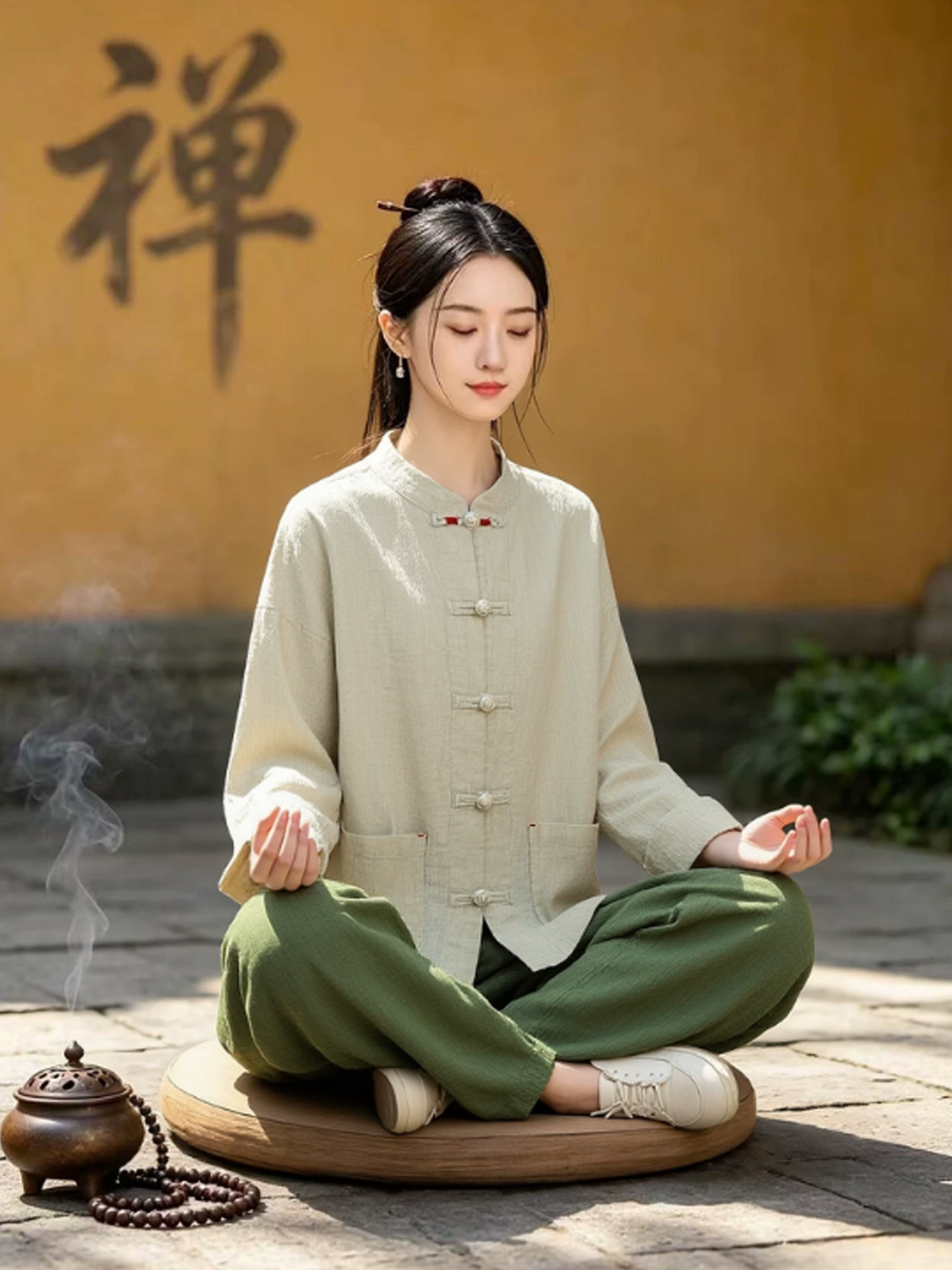 麻色开衫（均码）+古铜绿 棉麻裤