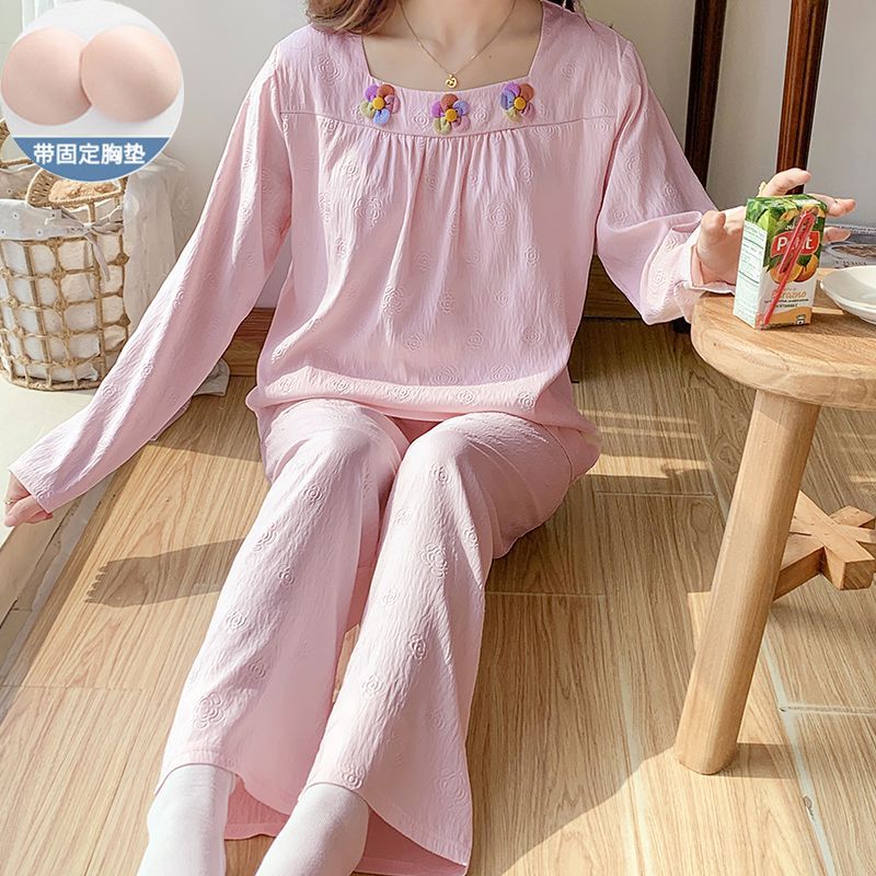 Nube de algodón pijama de mujer primavera y otoño 2025 nuevo con cojín de pecho conjunto de mangas largas dulce ropa doméstica de mujer se puede usar fuera