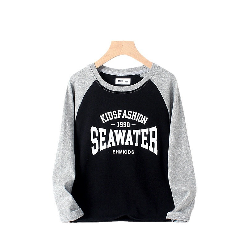 Camiseta de manga larga para niños estilo coreano de primavera y otoño, top de algodón y cachemira raglán para niños medianos y grandes, estilo Little Elephant Ham para niños.
