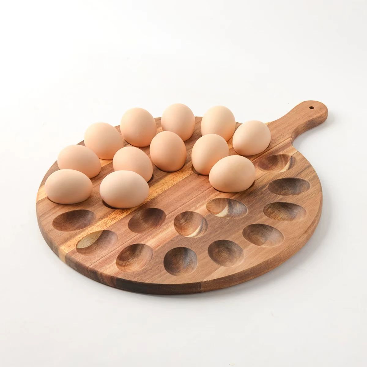 Nuevo huevo de madera dividido bandeja de almacenamiento de huevos fija redonda cocina de almacenamiento de huevos bandeja de exhibición