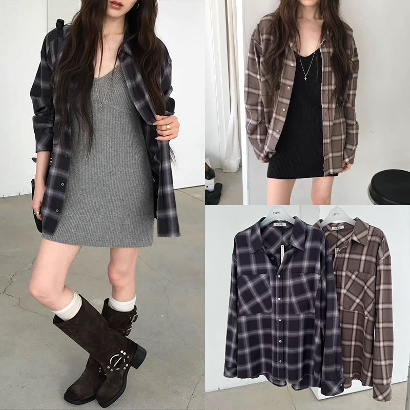 Fan Sun·Xh Korean-Style Retro Plaid Frayed Edge Shirt Dongdaemun Autumn New Turn-Down Collar Single-Breasted Long-Sleeve Top Fan Sun·Xh Korean-Style Retro Plaid Frayed Edge Shirt Dongdaemun Autumn New Turn-Down Collar Single-Breasted Long-Sleeve Top