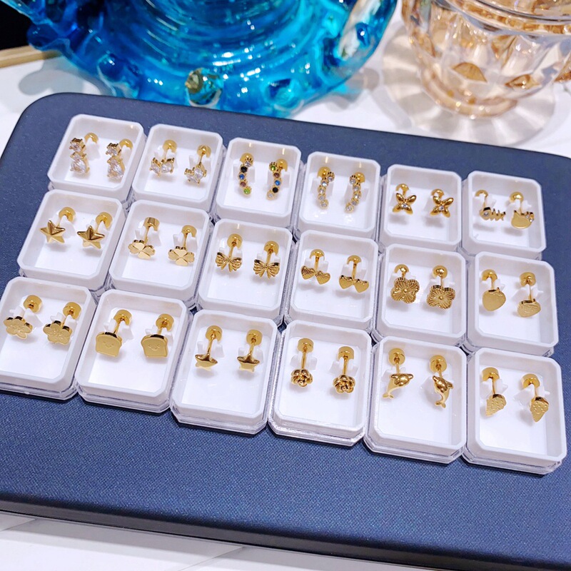 Full-body medical titanium steel ear bone stud set with unique design, gold shiny four-flower star earrings, cross-border wholesale Full-body medical titanium steel ear bone stud set with unique design, gold shiny four-flower star earrings, cross-border wholesale