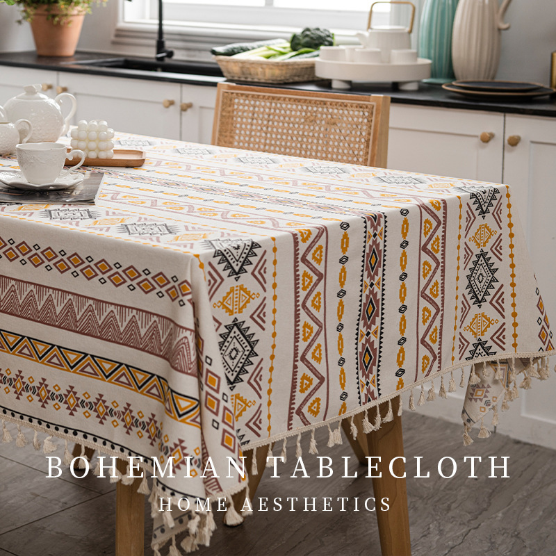 Bohemian Style Cotton and Linen Tablecloth Dining Table Home Ethnic Style Fabric Rectangular Tassel Tablecloth Waterproof and Oil-Proof