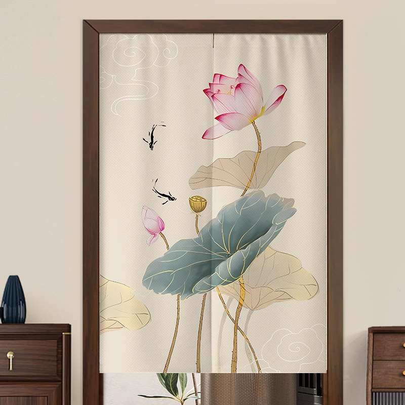Chinese Lotus Door Curtain Bathroom Partition Curtain Toilet Lotus Punch-Free Half Curtain Feng Shui Blocking Curtain Half Curtain