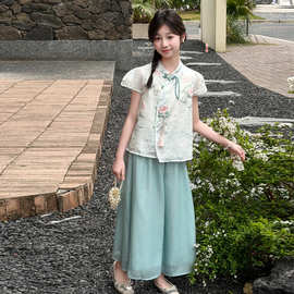 女童夏季国风套装2026新款新中式荷花短袖裙裤女孩超美复古穿搭潮