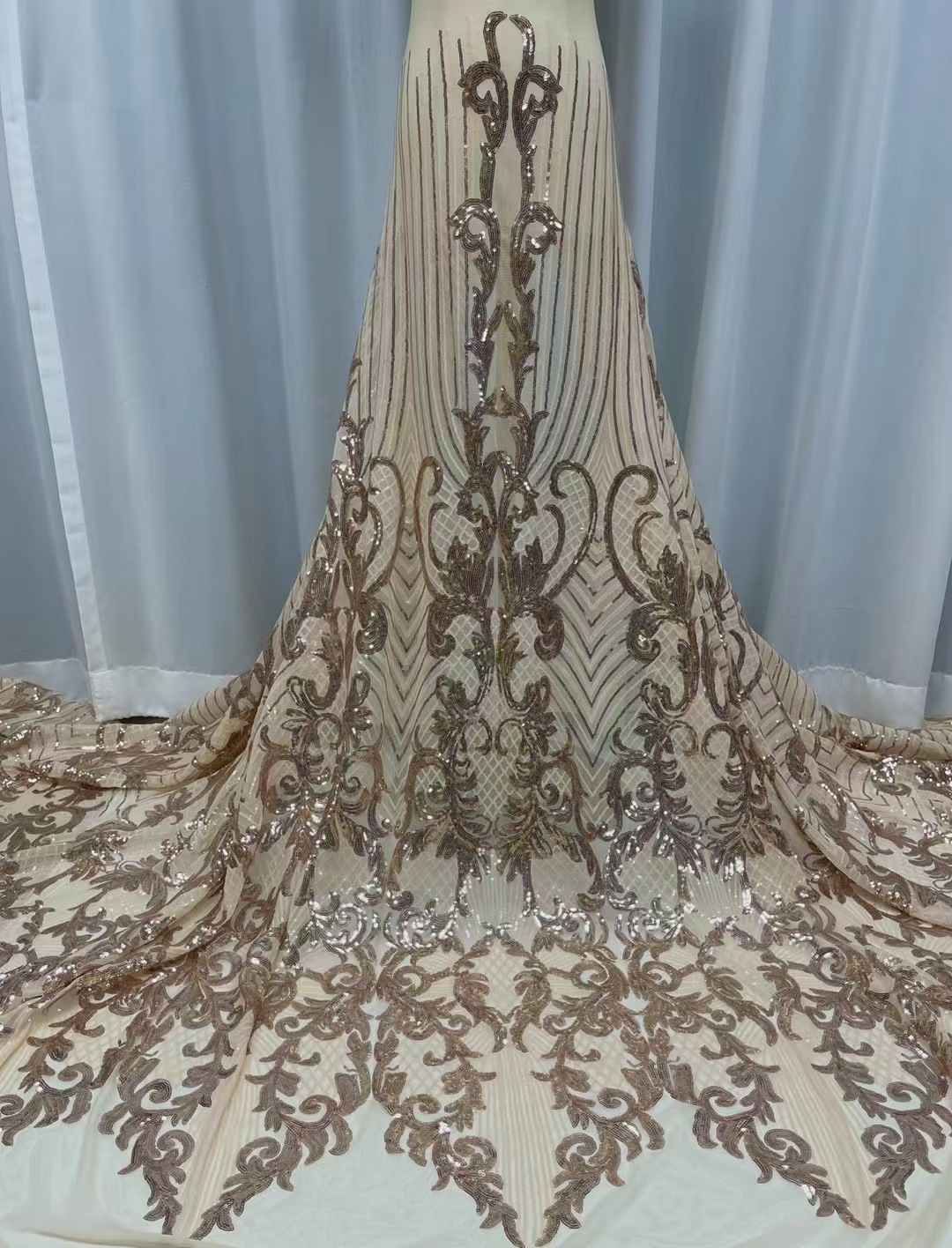 Lentejuelas tela de encaje africano europeo y americano vestido de novia moda bordado tela de encaje de lentejuelas JX1296