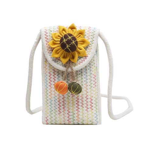 Cross-border new woven bag flower shoulder crossbody women's bag beach vacation mobile phone bag cotton rope woven lipstick bag