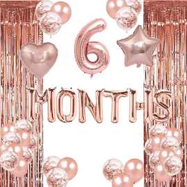 6 MONTHS玫瑰金宝宝半岁生日派对铝箔乳胶气球亮片雨丝帘跨境热卖