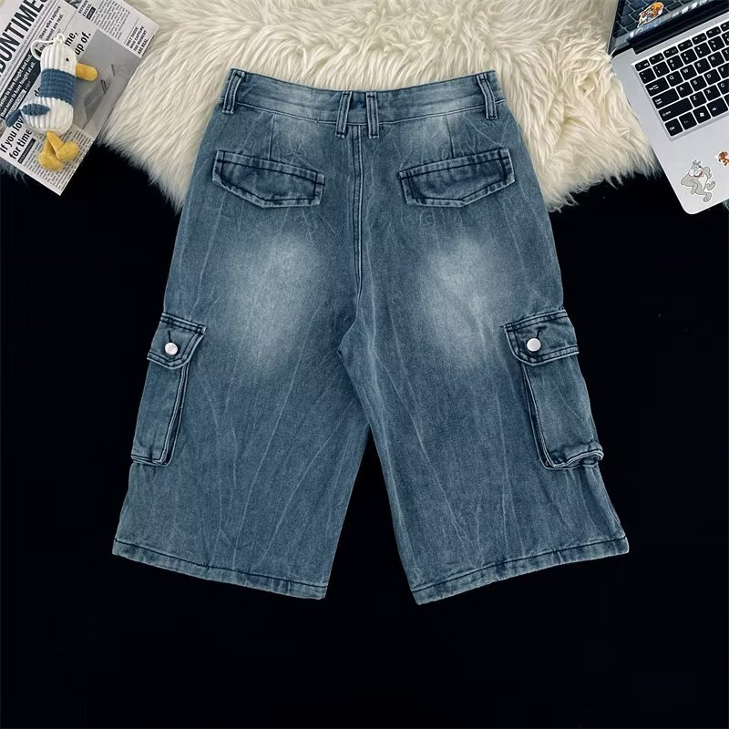 Summer Men's Plus Size Capri Jeans Loose Wide Leg Hip Hop Cargo Shorts Multi Pocket Chubby Pants_mkmklike.com