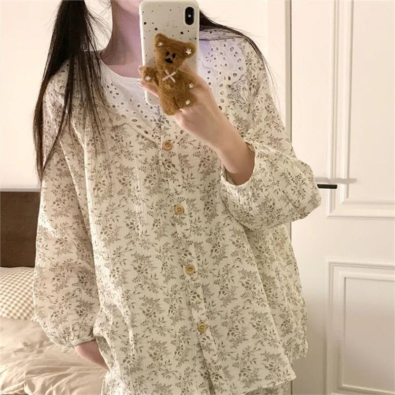 여성을위한 새로운 스타일의 달콤한 인쇄 긴팔 잠옷 인터넷 연예인 스타일 가을 2024 새로운 바지 홈 슈트