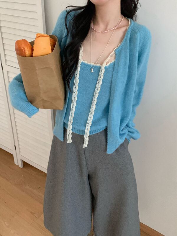 韩版百搭纯色长袖针织开衫女春秋季新款叠穿蕾丝花边毛衣吊带套装|undefined