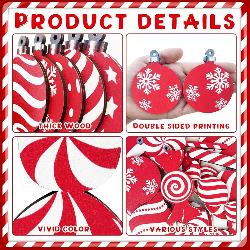 クリスマスキャンディロリポップオーナメントクリスマスツリー装飾木製ハンギングミントキャンディケインボールペンダントクリスマスボール|undefined