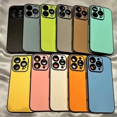 側面にレザーを貼り付けたApple 16Pro用スマホケース、iPhone16キャンディーカラー、15proフルカバーレンズ、14pro対応