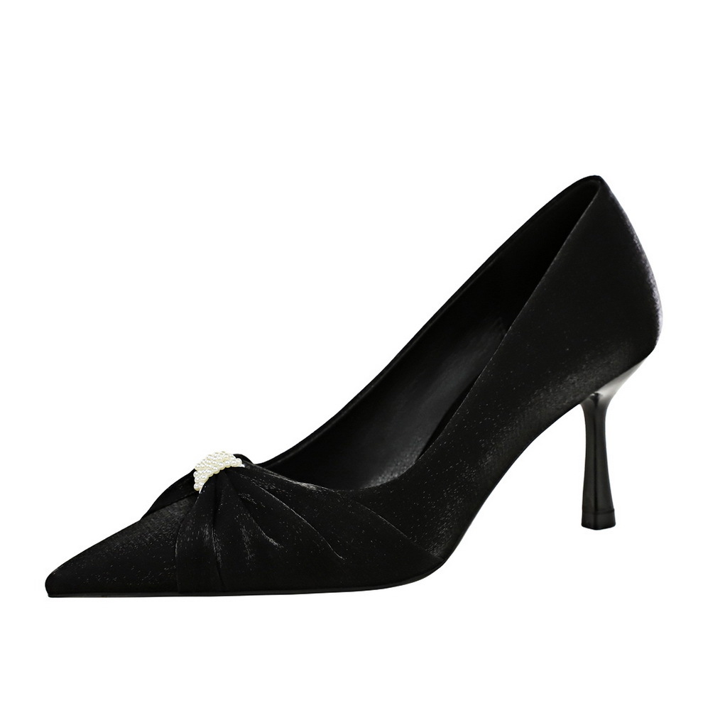 9557-2 European and American sexy banquet high heels, gold silk satin pearl bow twisted flower pointed shallow mouth single shoes for women