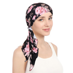 Cross-border new curved floral fabric two-tailed printed headscarf Muslim simple chemotherapy hat women's hat