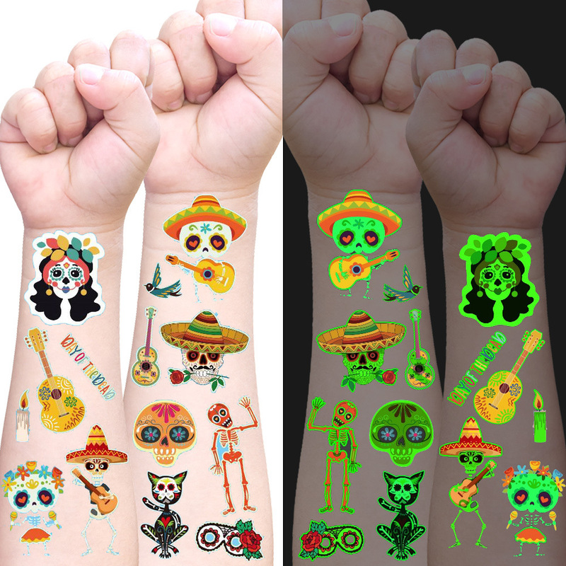 New Children's Luminous Tattoo Sticker Day of the Dead Skull Cartoon Luminous Temporary Boys and Girls Cross-border Supply New Children's Luminous Tattoo Sticker Day of the Dead Skull Cartoon Luminous Temporary Boys and Girls Cross-border Supply