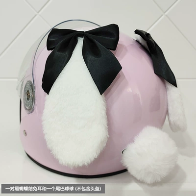 Detachable Cute Helmet Bunny Ears Decoration for Motorcycle, Electric Vehicle, Women's Riding, Skiing, and Cycling Helmet Accessories (Motorcycle wheel hub) - white-ears-black-bow-tail
