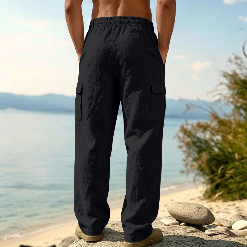 KOOSSOASIS Men's Summer Linen Overalls Loose Breathable Casual Pants Cotton And Linen Beach Pants_viptrois.com