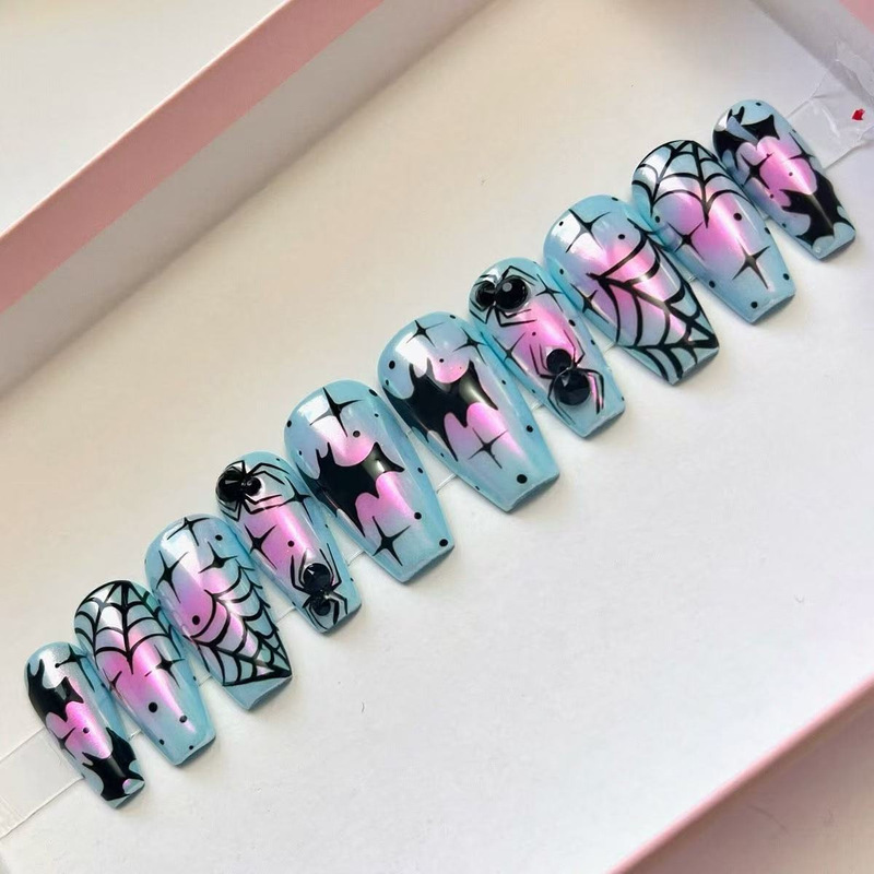 Halloween 30-Piece Semi-Handmade Chrome-Plated White Light Pink Blush Spider Black Diamond Decoration Blue Nail Art Nail Tips