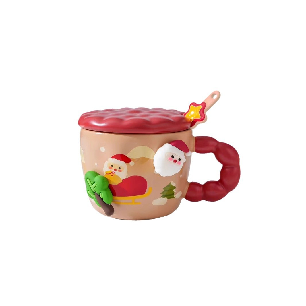 Personalidad creativa de dibujos animados DIY tazas de Navidad con cubierta de cuchara taza de cerámica retrógrada taza de café de alto valor