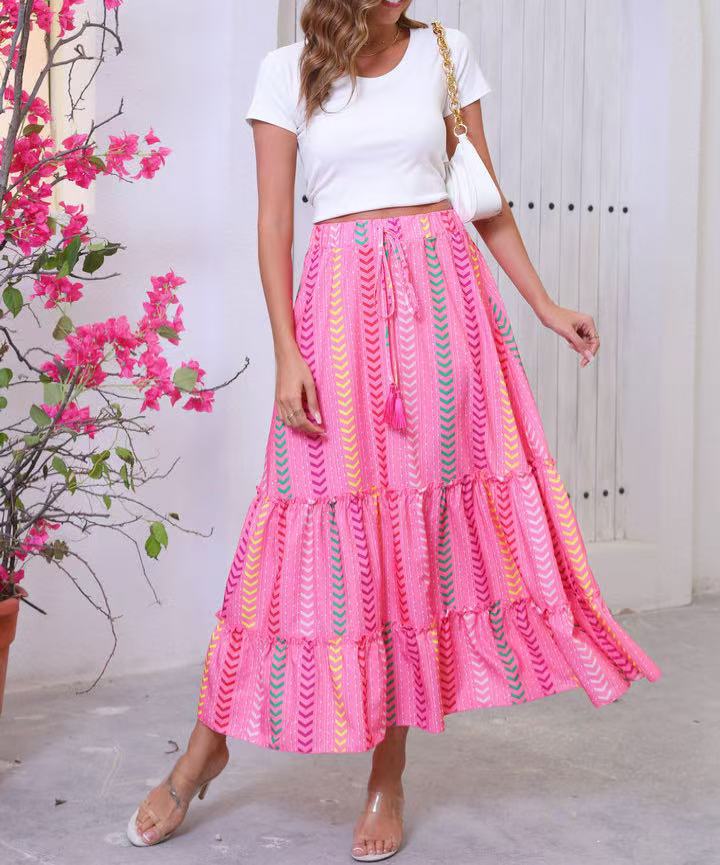 Real Shot Of Cross-border Foreign Trade 2025 Summer New Bohemian Resort Style Printed Flared Skirt For Women_ecoleips.com