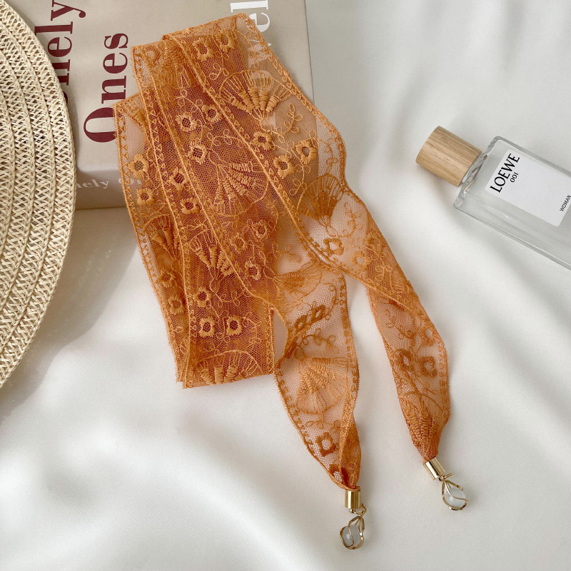 Pequeña correa de cabello personalizada nueva flor de encaje coreano decoración bufandas pequeñas bufandas delgadas colgante largo seda