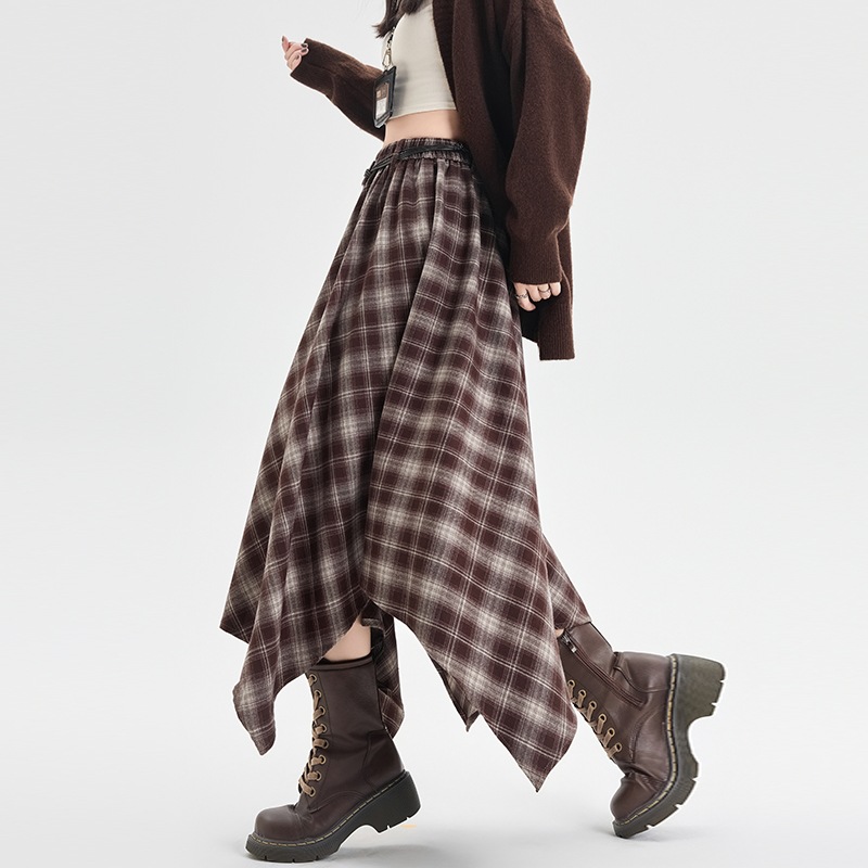 Korean Style Asymmetrical Plaid Skirt for Women 2025 Autum Retro Plaid Elastic Waist Slim Mid-Length A-Line Skirt