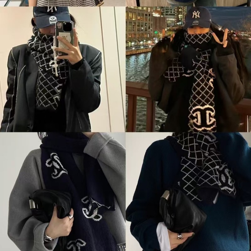 秋冬新款小香风黑白针织围巾女小红书同款锁边时尚情侣披肩仿羊绒|undefined