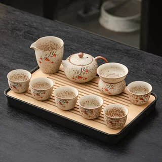 火石红功夫茶具套装高档家用办公陶瓷盖碗茶壶茶杯提梁壶泡茶器