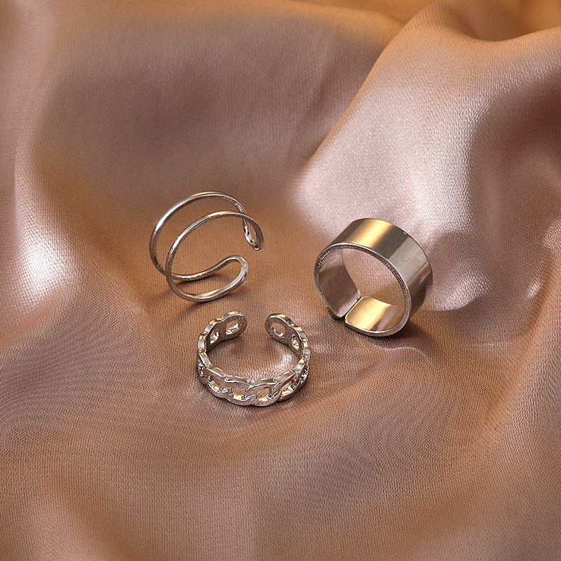 韩版新款三件套装戒指简约开口可调节指环ins网红个性链条食指戒
