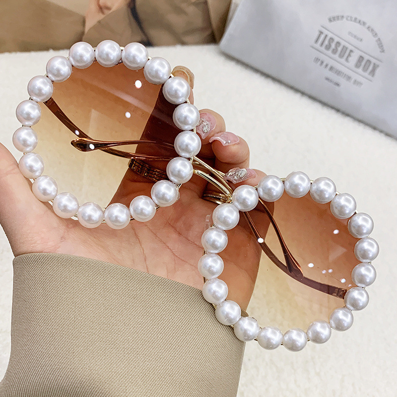 Rihanna Same Style Glasses Pearl Metal Round Frame Sunglasses Instagram Style Fashionable Wave-Shaped Internet Celebrity Sunglasses for Women
